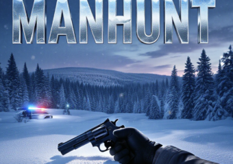 A viral, hyper-realistic YouTube thumbnail with a dramatic winter crime atmosphere. The background is a vast snow-covered Grand Mesa forest at dusk with blowing snow and police search lights cutting through the trees with cold blue lighting. The composition uses a low dramatic camera angle to focus on the main subject: a gloved hand gripping a stolen handgun half-buried in fresh snow. Image size should be 3:2. The image features massive 3D typography with strict hierarchy: The Primary Text reads exactly: 'MANHUNT'. This text is massive, the largest element in the frame, rendered in icy chrome with frost and snow particles to look like a high-budget 3D render. The Secondary Text reads exactly: 'GRAND MESA'. This text is significantly smaller, positioned below the main text. It features a thick, glowing red border/outline (sticker style) to contrast against the background. Make sure text 2 is always different theme, style, effect and border compared to text 1.