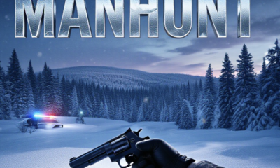A viral, hyper-realistic YouTube thumbnail with a dramatic winter crime atmosphere. The background is a vast snow-covered Grand Mesa forest at dusk with blowing snow and police search lights cutting through the trees with cold blue lighting. The composition uses a low dramatic camera angle to focus on the main subject: a gloved hand gripping a stolen handgun half-buried in fresh snow. Image size should be 3:2. The image features massive 3D typography with strict hierarchy: The Primary Text reads exactly: 'MANHUNT'. This text is massive, the largest element in the frame, rendered in icy chrome with frost and snow particles to look like a high-budget 3D render. The Secondary Text reads exactly: 'GRAND MESA'. This text is significantly smaller, positioned below the main text. It features a thick, glowing red border/outline (sticker style) to contrast against the background. Make sure text 2 is always different theme, style, effect and border compared to text 1.