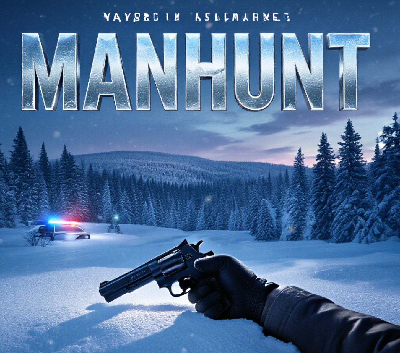 A viral, hyper-realistic YouTube thumbnail with a dramatic winter crime atmosphere. The background is a vast snow-covered Grand Mesa forest at dusk with blowing snow and police search lights cutting through the trees with cold blue lighting. The composition uses a low dramatic camera angle to focus on the main subject: a gloved hand gripping a stolen handgun half-buried in fresh snow. Image size should be 3:2.
The image features massive 3D typography with strict hierarchy:
The Primary Text reads exactly: 'MANHUNT'. This text is massive, the largest element in the frame, rendered in icy chrome with frost and snow particles to look like a high-budget 3D render.
The Secondary Text reads exactly: 'GRAND MESA'. This text is significantly smaller, positioned below the main text. It features a thick, glowing red border/outline (sticker style) to contrast against the background. Make sure text 2 is always different theme, style, effect and border compared to text 1.