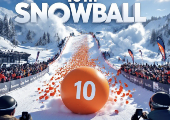 A viral, hyper-realistic YouTube thumbnail with a high-energy winter sports atmosphere. The background is a sun-drenched Powderhorn Mountain Resort slope packed with excited spectators as thousands of bright orange balls cascade down the snow in a massive colorful avalanche with dramatic powder clouds. The composition uses a dramatic low-angle shot from the finish line looking uphill to focus on the main subject: a giant, perfectly spherical numbered orange foam ball leading the charge. Image size should be 3:2. The image features massive 3D typography with strict hierarchy: The Primary Text reads exactly: '10TH SNOWBALL'. This text is massive, the largest element in the frame, rendered in icy chrome with frost and snow particles to look like a high-budget 3D render. The Secondary Text reads exactly: 'RECORD $42K'. This text is significantly smaller, positioned below the main text. It features a thick, glowing red border/outline (sticker style) to contrast against the background. Make sure text 2 is always different theme, style, effect and border compared to text 1.