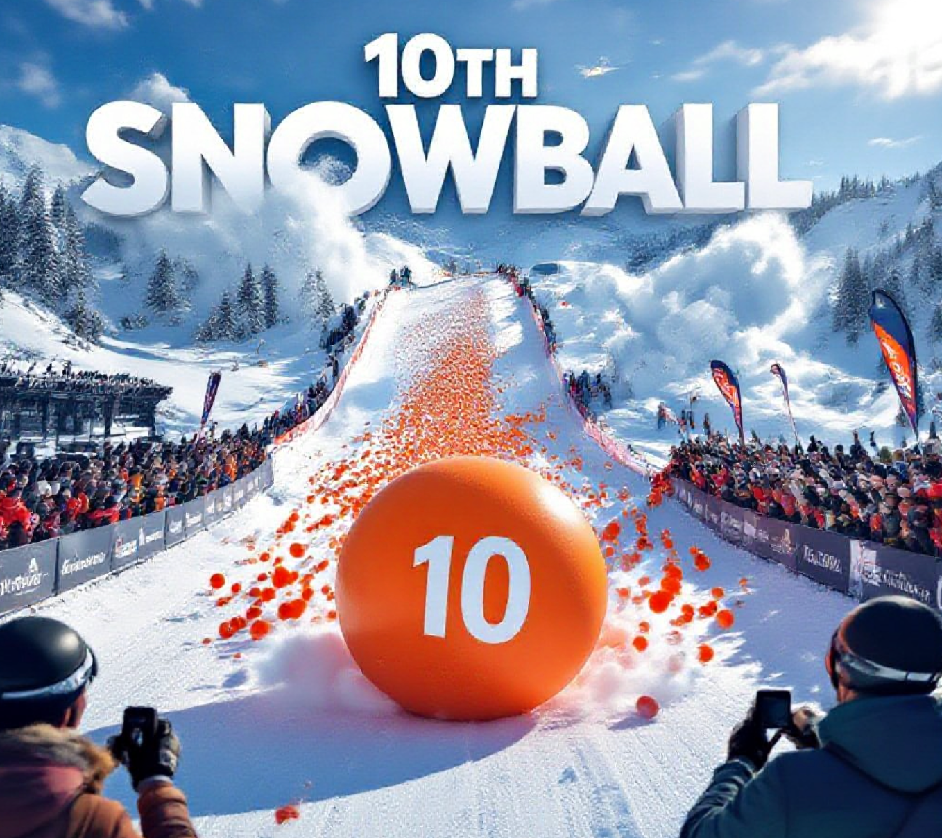 A viral, hyper-realistic YouTube thumbnail with a high-energy winter sports atmosphere. The background is a sun-drenched Powderhorn Mountain Resort slope packed with excited spectators as thousands of bright orange balls cascade down the snow in a massive colorful avalanche with dramatic powder clouds. The composition uses a dramatic low-angle shot from the finish line looking uphill to focus on the main subject: a giant, perfectly spherical numbered orange foam ball leading the charge. Image size should be 3:2.
The image features massive 3D typography with strict hierarchy:
The Primary Text reads exactly: '10TH SNOWBALL'. This text is massive, the largest element in the frame, rendered in icy chrome with frost and snow particles to look like a high-budget 3D render.
The Secondary Text reads exactly: 'RECORD $42K'. This text is significantly smaller, positioned below the main text. It features a thick, glowing red border/outline (sticker style) to contrast against the background. Make sure text 2 is always different theme, style, effect and border compared to text 1.