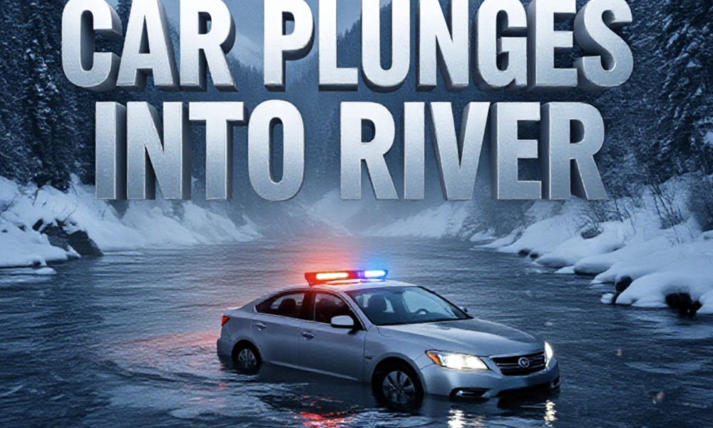 A viral, hyper-realistic YouTube thumbnail with a dramatic winter rescue atmosphere. The background is the icy Colorado River rushing through snow-covered Glenwood Canyon at dawn with mist rising from the freezing water. The composition uses a low dramatic angle to focus on the main subject: a silver sedan almost completely submerged in the river, roof barely above water, emergency lights flashing red and blue across the ice. Image size should be 3:2. The image features massive 3D typography with strict hierarchy: The Primary Text reads exactly: 'CAR PLUNGES INTO RIVER'. This text is massive, the largest element in the frame, rendered in frozen ice blue chrome with cracking ice effects to look like a high-budget 3D render. The Secondary Text reads exactly: 'MIRACLE RESCUE'. This text is significantly smaller, positioned below the main text. It features a thick glowing red outline with pulsing emergency light effect to contrast against the cold background. Make sure text 2 is always different theme, style, effect and border compared to text 1.