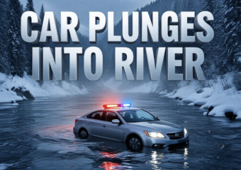 A viral, hyper-realistic YouTube thumbnail with a dramatic winter rescue atmosphere. The background is the icy Colorado River rushing through snow-covered Glenwood Canyon at dawn with mist rising from the freezing water. The composition uses a low dramatic angle to focus on the main subject: a silver sedan almost completely submerged in the river, roof barely above water, emergency lights flashing red and blue across the ice. Image size should be 3:2. The image features massive 3D typography with strict hierarchy: The Primary Text reads exactly: 'CAR PLUNGES INTO RIVER'. This text is massive, the largest element in the frame, rendered in frozen ice blue chrome with cracking ice effects to look like a high-budget 3D render. The Secondary Text reads exactly: 'MIRACLE RESCUE'. This text is significantly smaller, positioned below the main text. It features a thick glowing red outline with pulsing emergency light effect to contrast against the cold background. Make sure text 2 is always different theme, style, effect and border compared to text 1.