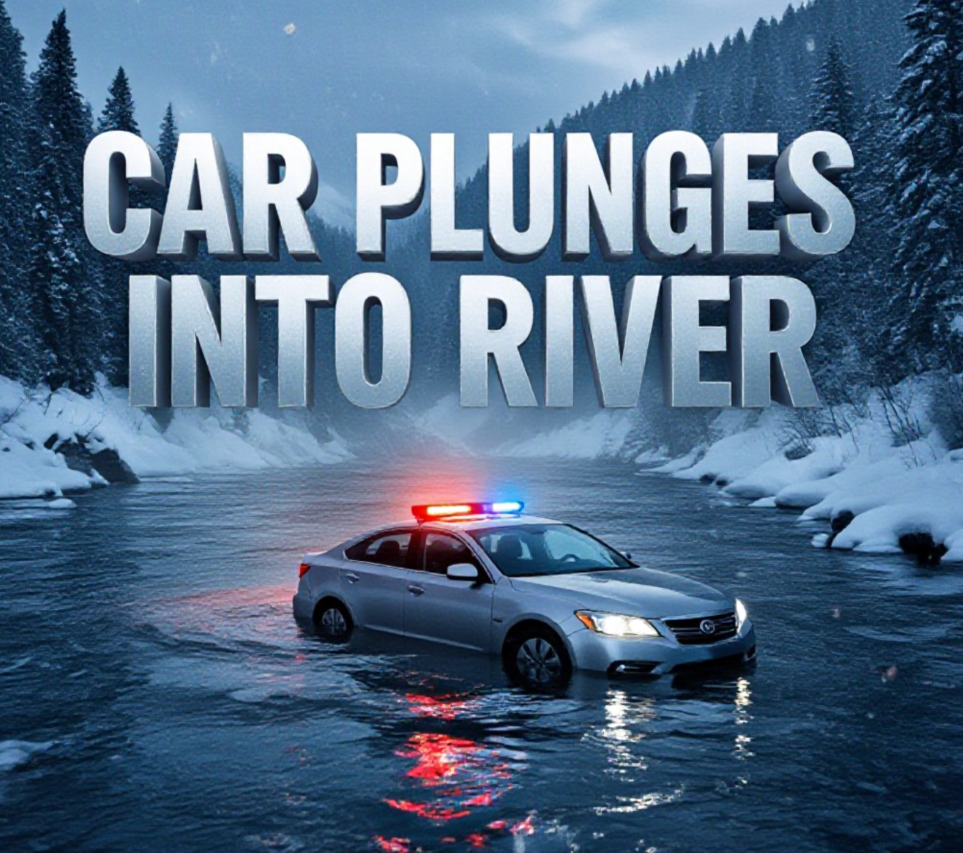 A viral, hyper-realistic YouTube thumbnail with a dramatic winter rescue atmosphere. The background is the icy Colorado River rushing through snow-covered Glenwood Canyon at dawn with mist rising from the freezing water. The composition uses a low dramatic angle to focus on the main subject: a silver sedan almost completely submerged in the river, roof barely above water, emergency lights flashing red and blue across the ice. Image size should be 3:2.
The image features massive 3D typography with strict hierarchy:
The Primary Text reads exactly: 'CAR PLUNGES INTO RIVER'. This text is massive, the largest element in the frame, rendered in frozen ice blue chrome with cracking ice effects to look like a high-budget 3D render.
The Secondary Text reads exactly: 'MIRACLE RESCUE'. This text is significantly smaller, positioned below the main text. It features a thick glowing red outline with pulsing emergency light effect to contrast against the cold background. Make sure text 2 is always different theme, style, effect and border compared to text 1.