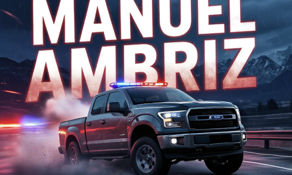 A viral, hyper-realistic YouTube thumbnail with a intense police chase atmosphere. The background is a dark Colorado night highway with blurred red and blue emergency lights streaking across wet pavement and distant Grand Valley mountains under stormy skies. The composition uses a dramatic low-angle shot to focus on the main subject: a battered stolen pickup truck sliding sideways with smoke pouring from tires. Image size should be 3:2. The image features massive 3D typography with strict hierarchy: The Primary Text reads exactly: 'MANUEL AMBRIZ'. This text is massive, the largest element in the frame, rendered in glowing red chrome with realistic bullet-hole damage and sparks flying off the letters to look like a high-budget 3D render. The Secondary Text reads exactly: 'GUN THREAT & WILD CHASE'. This text is significantly smaller, positioned below the main text. It features a thick white outline with pulsing blue police-light glow effect to contrast against the background. Make sure text 2 is always different theme, style, effect and border compared to text 1