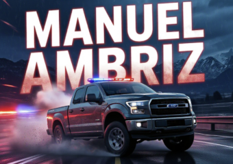 A viral, hyper-realistic YouTube thumbnail with a intense police chase atmosphere. The background is a dark Colorado night highway with blurred red and blue emergency lights streaking across wet pavement and distant Grand Valley mountains under stormy skies. The composition uses a dramatic low-angle shot to focus on the main subject: a battered stolen pickup truck sliding sideways with smoke pouring from tires. Image size should be 3:2. The image features massive 3D typography with strict hierarchy: The Primary Text reads exactly: 'MANUEL AMBRIZ'. This text is massive, the largest element in the frame, rendered in glowing red chrome with realistic bullet-hole damage and sparks flying off the letters to look like a high-budget 3D render. The Secondary Text reads exactly: 'GUN THREAT & WILD CHASE'. This text is significantly smaller, positioned below the main text. It features a thick white outline with pulsing blue police-light glow effect to contrast against the background. Make sure text 2 is always different theme, style, effect and border compared to text 1