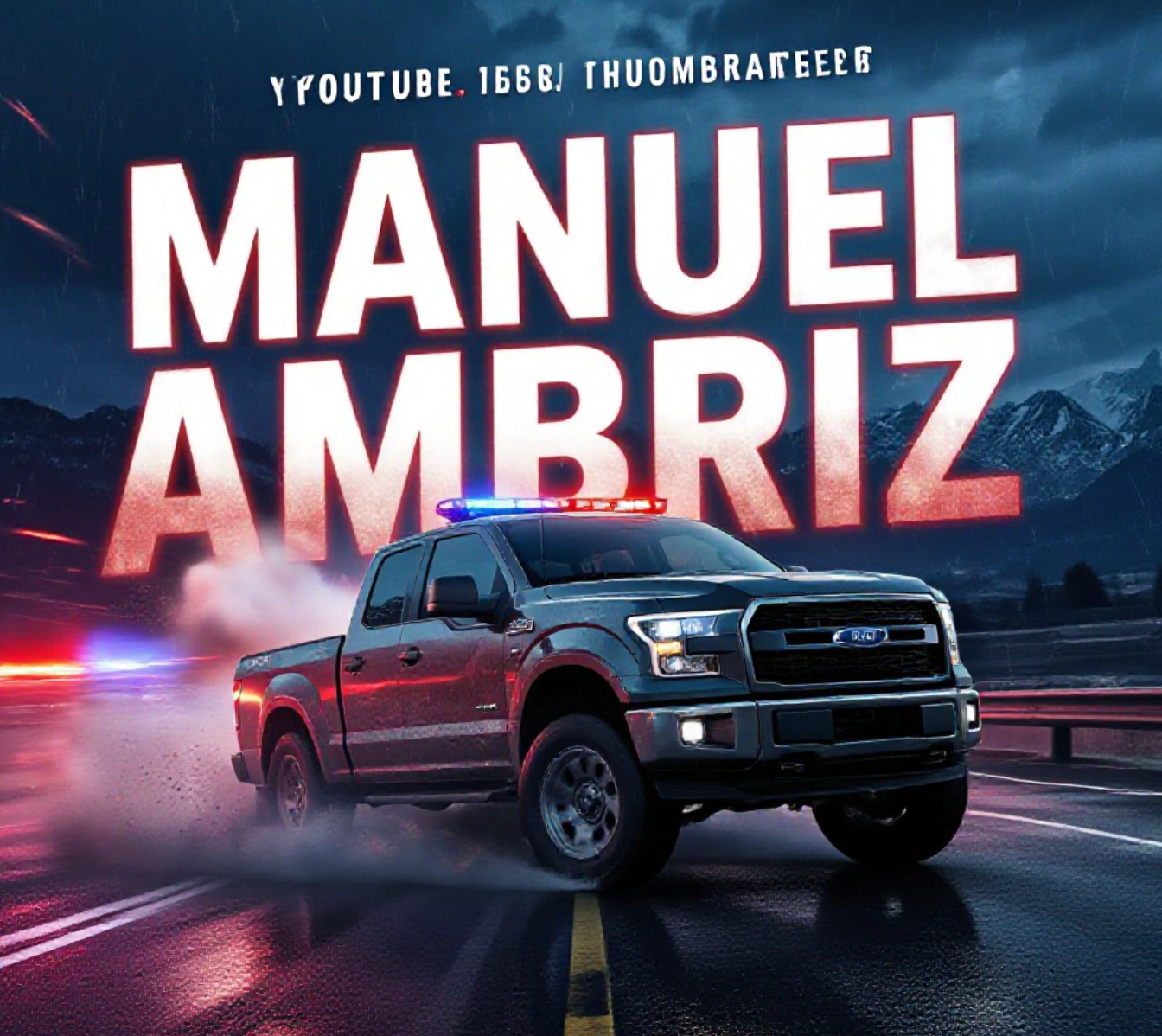 A viral, hyper-realistic YouTube thumbnail with a intense police chase atmosphere. The background is a dark Colorado night highway with blurred red and blue emergency lights streaking across wet pavement and distant Grand Valley mountains under stormy skies. The composition uses a dramatic low-angle shot to focus on the main subject: a battered stolen pickup truck sliding sideways with smoke pouring from tires. Image size should be 3:2.
The image features massive 3D typography with strict hierarchy:
The Primary Text reads exactly: 'MANUEL AMBRIZ'. This text is massive, the largest element in the frame, rendered in glowing red chrome with realistic bullet-hole damage and sparks flying off the letters to look like a high-budget 3D render.
The Secondary Text reads exactly: 'GUN THREAT & WILD CHASE'. This text is significantly smaller, positioned below the main text. It features a thick white outline with pulsing blue police-light glow effect to contrast against the background. Make sure text 2 is always different theme, style, effect and border compared to text 1