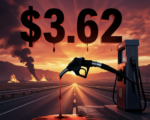 A viral, hyper-realistic YouTube thumbnail with a dramatic red and orange war-torn atmosphere. The background is a Colorado mountain highway at sunset with burning oil fields visible on the horizon and black smoke rising, intense cinematic lighting with god rays cutting through haze. The composition uses a low dramatic angle to focus on the main subject: a close-up gas pump nozzle dripping fuel like blood. Image size should be 3:2. The image features massive 3D typography with strict hierarchy: The Primary Text reads exactly: '$3.62'. This text is massive, the largest element in the frame, rendered in molten chrome steel with glowing red edges to look like a high-budget 3D render. The Secondary Text reads exactly: 'COLORADO CRISIS'. This text is significantly smaller, positioned below the main text. It features a thick white border with red glow outline (sticker style) to contrast against the background. Make sure text 2 is always different theme, style, effect and border compared to text 1.