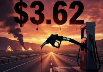 A viral, hyper-realistic YouTube thumbnail with a dramatic red and orange war-torn atmosphere. The background is a Colorado mountain highway at sunset with burning oil fields visible on the horizon and black smoke rising, intense cinematic lighting with god rays cutting through haze. The composition uses a low dramatic angle to focus on the main subject: a close-up gas pump nozzle dripping fuel like blood. Image size should be 3:2. The image features massive 3D typography with strict hierarchy: The Primary Text reads exactly: '$3.62'. This text is massive, the largest element in the frame, rendered in molten chrome steel with glowing red edges to look like a high-budget 3D render. The Secondary Text reads exactly: 'COLORADO CRISIS'. This text is significantly smaller, positioned below the main text. It features a thick white border with red glow outline (sticker style) to contrast against the background. Make sure text 2 is always different theme, style, effect and border compared to text 1.