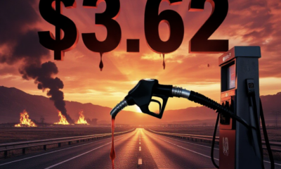 A viral, hyper-realistic YouTube thumbnail with a dramatic red and orange war-torn atmosphere. The background is a Colorado mountain highway at sunset with burning oil fields visible on the horizon and black smoke rising, intense cinematic lighting with god rays cutting through haze. The composition uses a low dramatic angle to focus on the main subject: a close-up gas pump nozzle dripping fuel like blood. Image size should be 3:2. The image features massive 3D typography with strict hierarchy: The Primary Text reads exactly: '$3.62'. This text is massive, the largest element in the frame, rendered in molten chrome steel with glowing red edges to look like a high-budget 3D render. The Secondary Text reads exactly: 'COLORADO CRISIS'. This text is significantly smaller, positioned below the main text. It features a thick white border with red glow outline (sticker style) to contrast against the background. Make sure text 2 is always different theme, style, effect and border compared to text 1.