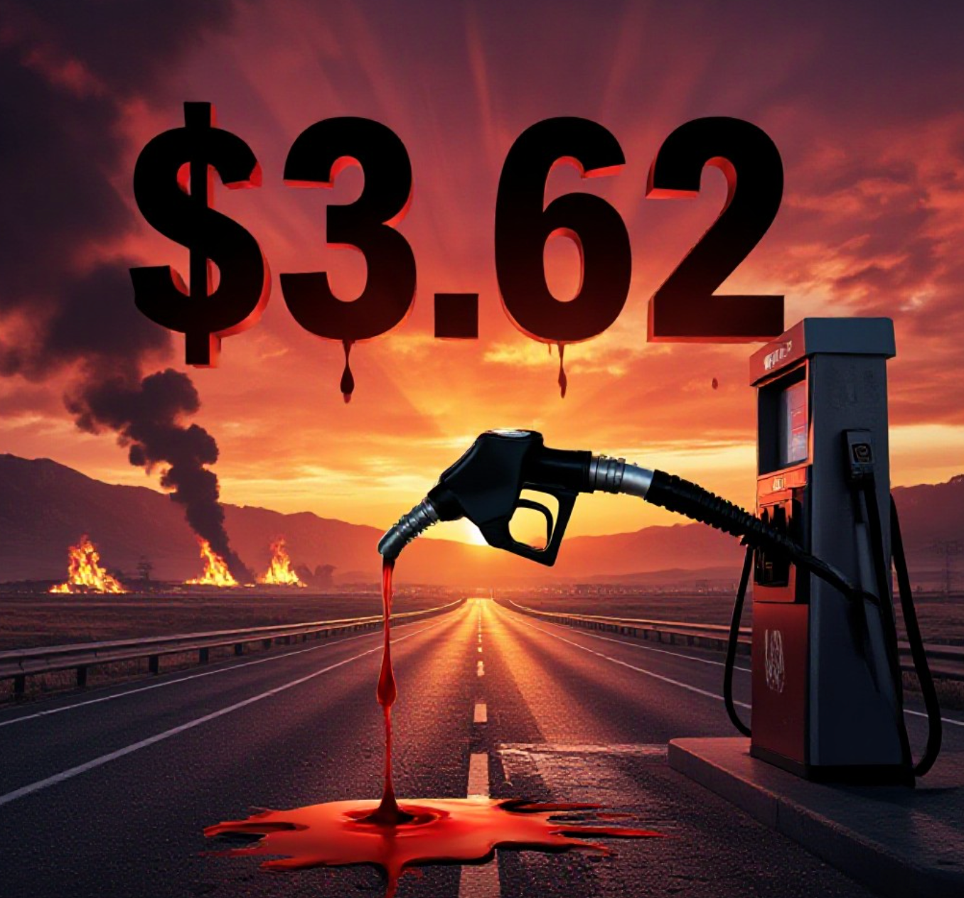 A viral, hyper-realistic YouTube thumbnail with a dramatic red and orange war-torn atmosphere. The background is a Colorado mountain highway at sunset with burning oil fields visible on the horizon and black smoke rising, intense cinematic lighting with god rays cutting through haze. The composition uses a low dramatic angle to focus on the main subject: a close-up gas pump nozzle dripping fuel like blood. Image size should be 3:2.
The image features massive 3D typography with strict hierarchy:
The Primary Text reads exactly: '$3.62'. This text is massive, the largest element in the frame, rendered in molten chrome steel with glowing red edges to look like a high-budget 3D render.
The Secondary Text reads exactly: 'COLORADO CRISIS'. This text is significantly smaller, positioned below the main text. It features a thick white border with red glow outline (sticker style) to contrast against the background. Make sure text 2 is always different theme, style, effect and border compared to text 1.