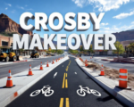 A viral, hyper-realistic YouTube thumbnail with a vibrant urban-renewal atmosphere. The background is a sunlit Grand Junction street under construction with orange cones, heavy equipment, and Colorado blue skies with red rock mesas in the distance. The composition uses a dramatic low-angle shot to focus on the main subject: a gleaming new 10-foot-wide asphalt shared-use path curving into the distance with fresh white bike symbols. Image size should be 3:2. The image features massive 3D typography with strict hierarchy: The Primary Text reads exactly: 'CROSBY MAKEOVER'. This text is massive, the largest element in the frame, rendered in polished chrome with red rock texture to look like a high-budget 3D render. The Secondary Text reads exactly: '$3M BIKE & SAFETY UPGRADE'. This text is significantly smaller, positioned below the main text. It features a thick, bright safety-orange border/outline (sticker style) to contrast against the background. Make sure text 2 is always different theme, style, effect and border compared to text 1.