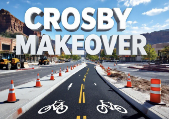 A viral, hyper-realistic YouTube thumbnail with a vibrant urban-renewal atmosphere. The background is a sunlit Grand Junction street under construction with orange cones, heavy equipment, and Colorado blue skies with red rock mesas in the distance. The composition uses a dramatic low-angle shot to focus on the main subject: a gleaming new 10-foot-wide asphalt shared-use path curving into the distance with fresh white bike symbols. Image size should be 3:2. The image features massive 3D typography with strict hierarchy: The Primary Text reads exactly: 'CROSBY MAKEOVER'. This text is massive, the largest element in the frame, rendered in polished chrome with red rock texture to look like a high-budget 3D render. The Secondary Text reads exactly: '$3M BIKE & SAFETY UPGRADE'. This text is significantly smaller, positioned below the main text. It features a thick, bright safety-orange border/outline (sticker style) to contrast against the background. Make sure text 2 is always different theme, style, effect and border compared to text 1.