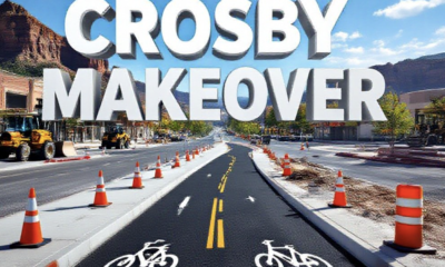 A viral, hyper-realistic YouTube thumbnail with a vibrant urban-renewal atmosphere. The background is a sunlit Grand Junction street under construction with orange cones, heavy equipment, and Colorado blue skies with red rock mesas in the distance. The composition uses a dramatic low-angle shot to focus on the main subject: a gleaming new 10-foot-wide asphalt shared-use path curving into the distance with fresh white bike symbols. Image size should be 3:2. The image features massive 3D typography with strict hierarchy: The Primary Text reads exactly: 'CROSBY MAKEOVER'. This text is massive, the largest element in the frame, rendered in polished chrome with red rock texture to look like a high-budget 3D render. The Secondary Text reads exactly: '$3M BIKE & SAFETY UPGRADE'. This text is significantly smaller, positioned below the main text. It features a thick, bright safety-orange border/outline (sticker style) to contrast against the background. Make sure text 2 is always different theme, style, effect and border compared to text 1.