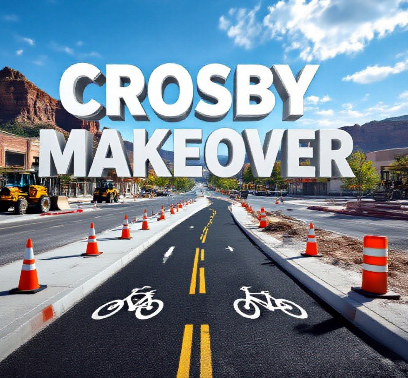 A viral, hyper-realistic YouTube thumbnail with a vibrant urban-renewal atmosphere. The background is a sunlit Grand Junction street under construction with orange cones, heavy equipment, and Colorado blue skies with red rock mesas in the distance. The composition uses a dramatic low-angle shot to focus on the main subject: a gleaming new 10-foot-wide asphalt shared-use path curving into the distance with fresh white bike symbols. Image size should be 3:2.
The image features massive 3D typography with strict hierarchy:
The Primary Text reads exactly: 'CROSBY MAKEOVER'. This text is massive, the largest element in the frame, rendered in polished chrome with red rock texture to look like a high-budget 3D render.
The Secondary Text reads exactly: '$3M BIKE & SAFETY UPGRADE'. This text is significantly smaller, positioned below the main text. It features a thick, bright safety-orange border/outline (sticker style) to contrast against the background. Make sure text 2 is always different theme, style, effect and border compared to text 1.