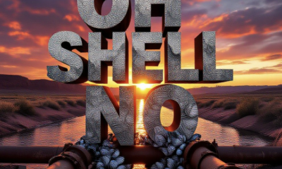 A viral, hyper-realistic YouTube thumbnail with a dramatic environmental crisis atmosphere. The background is the Colorado River at sunset near Grand Junction with irrigation canals branching off, ominous orange-red dramatic lighting. The composition uses a low-angle shot looking up for intensity to focus on the main subject: clusters of sharp zebra mussels completely covering a rusted water pipe and irrigation headgate. Image size should be 3:2. The image features massive 3D typography with strict hierarchy: The Primary Text reads exactly: 'OH SHELL NO'. This text is massive, the largest element in the frame, rendered in dripping wet chrome with sharp zebra stripe patterns to look like a high-budget 3D render. The Secondary Text reads exactly: 'ZEBRA MUSSELS INVADE COLORADO'. This text is significantly smaller, positioned below the main text. It features a thick, glowing orange border/outline (warning sticker style) to contrast against the background. Make sure text 2 is always different theme, style, effect and border compared to text 1