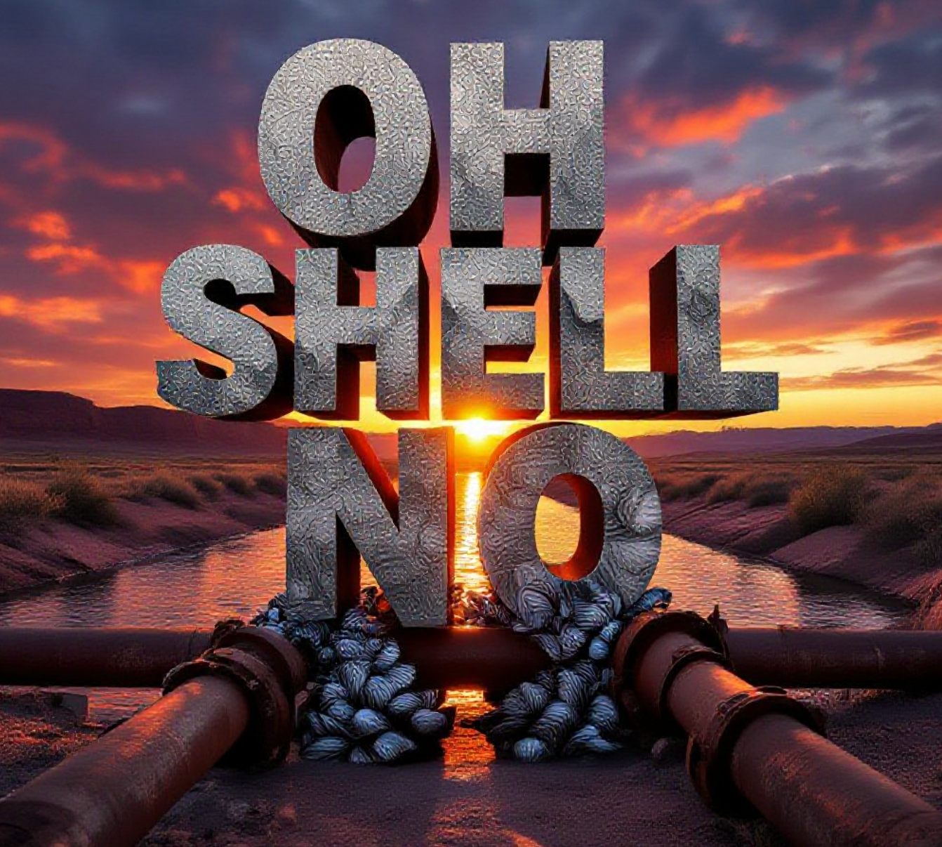 A viral, hyper-realistic YouTube thumbnail with a dramatic environmental crisis atmosphere. The background is the Colorado River at sunset near Grand Junction with irrigation canals branching off, ominous orange-red dramatic lighting. The composition uses a low-angle shot looking up for intensity to focus on the main subject: clusters of sharp zebra mussels completely covering a rusted water pipe and irrigation headgate. Image size should be 3:2.
The image features massive 3D typography with strict hierarchy:
The Primary Text reads exactly: 'OH SHELL NO'. This text is massive, the largest element in the frame, rendered in dripping wet chrome with sharp zebra stripe patterns to look like a high-budget 3D render.
The Secondary Text reads exactly: 'ZEBRA MUSSELS INVADE COLORADO'. This text is significantly smaller, positioned below the main text. It features a thick, glowing orange border/outline (warning sticker style) to contrast against the background. Make sure text 2 is always different theme, style, effect and border compared to text 1