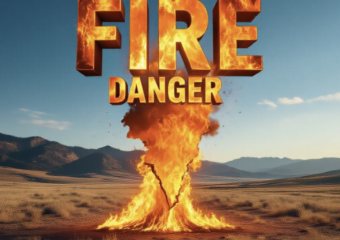 A viral, hyper-realistic YouTube thumbnail with a dramatic wildfire vibe atmosphere. The background is a bone-dry Colorado western slope landscape with dead brown grass and distant mountains under a clear blue sky with intense golden hour lighting. The composition uses a dramatic low angle to focus on the main subject: a massive glowing orange flame shaped like the state of Colorado rising from the ground. Image size should be 3:2. The image features massive 3D typography with strict hierarchy: The Primary Text reads exactly: 'FIRE DANGER'. This text is massive, the largest element in the frame, rendered in blazing molten metal with real flames and sparks to look like a high-budget 3D render. The Secondary Text reads exactly: 'Winds to 30 mph Tuesday'. This text is significantly smaller, positioned below the main text. It features a thick, bright red border/outline (sticker style) to contrast against the background. Make sure text 2 is always different theme, style, effect and border compared to text 1. The text materials correspond to the story's concept. Crucial Instruction: There is absolutely NO other text, numbers, watermarks, or subtitles in this image other than these two specific lines. 8k, Unreal Engine 5, cinematic render.