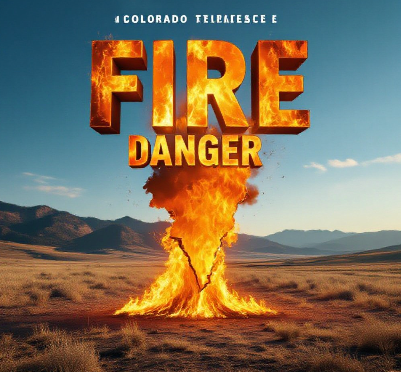 A viral, hyper-realistic YouTube thumbnail with a dramatic wildfire vibe atmosphere. The background is a bone-dry Colorado western slope landscape with dead brown grass and distant mountains under a clear blue sky with intense golden hour lighting. The composition uses a dramatic low angle to focus on the main subject: a massive glowing orange flame shaped like the state of Colorado rising from the ground. Image size should be 3:2. The image features massive 3D typography with strict hierarchy: The Primary Text reads exactly: 'FIRE DANGER'. This text is massive, the largest element in the frame, rendered in blazing molten metal with real flames and sparks to look like a high-budget 3D render. The Secondary Text reads exactly: 'Winds to 30 mph Tuesday'. This text is significantly smaller, positioned below the main text. It features a thick, bright red border/outline (sticker style) to contrast against the background. Make sure text 2 is always different theme, style, effect and border compared to text 1. The text materials correspond to the story's concept. Crucial Instruction: There is absolutely NO other text, numbers, watermarks, or subtitles in this image other than these two specific lines. 8k, Unreal Engine 5, cinematic render.