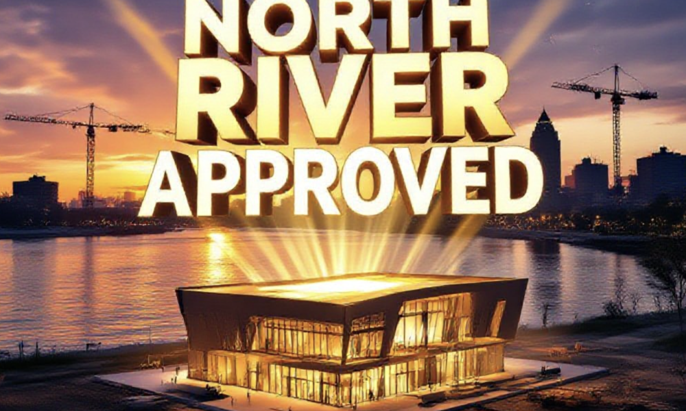 A viral, hyper-realistic YouTube thumbnail with a triumphant urban revival atmosphere. The background is the St. Marys River at dramatic sunset with Fort Wayne skyline in golden light and construction cranes silhouetted. The composition uses a powerful low-angle shot to focus on the main subject: a massive, glowing 3D architectural model of the North River Fieldhouse emerging from the ground with light beams shooting upward. Image size should be 3:2. The image features massive 3D typography with strict hierarchy: The Primary Text reads exactly: 'NORTH RIVER APPROVED'. This text is massive, the largest element in the frame, rendered in liquid gold chrome with electric blue glow edges to look like a high-budget 3D render. The Secondary Text reads exactly: '$36M IMPACT'. This text is significantly smaller, positioned below with a bold red sticker-style outline and slight explosion effect. The text materials correspond to the story's concept. Crucial Instruction: There is absolutely NO other text, numbers, watermarks, or subtitles in this image other than these two specific lines. 8k, Unreal Engine 5, cinematic render.