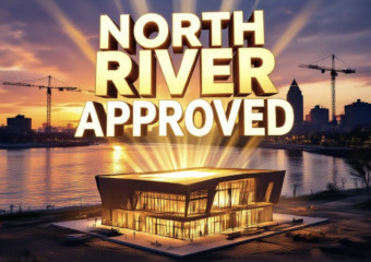 A viral, hyper-realistic YouTube thumbnail with a triumphant urban revival atmosphere. The background is the St. Marys River at dramatic sunset with Fort Wayne skyline in golden light and construction cranes silhouetted. The composition uses a powerful low-angle shot to focus on the main subject: a massive, glowing 3D architectural model of the North River Fieldhouse emerging from the ground with light beams shooting upward. Image size should be 3:2. The image features massive 3D typography with strict hierarchy: The Primary Text reads exactly: 'NORTH RIVER APPROVED'. This text is massive, the largest element in the frame, rendered in liquid gold chrome with electric blue glow edges to look like a high-budget 3D render. The Secondary Text reads exactly: '$36M IMPACT'. This text is significantly smaller, positioned below with a bold red sticker-style outline and slight explosion effect. The text materials correspond to the story's concept. Crucial Instruction: There is absolutely NO other text, numbers, watermarks, or subtitles in this image other than these two specific lines. 8k, Unreal Engine 5, cinematic render.