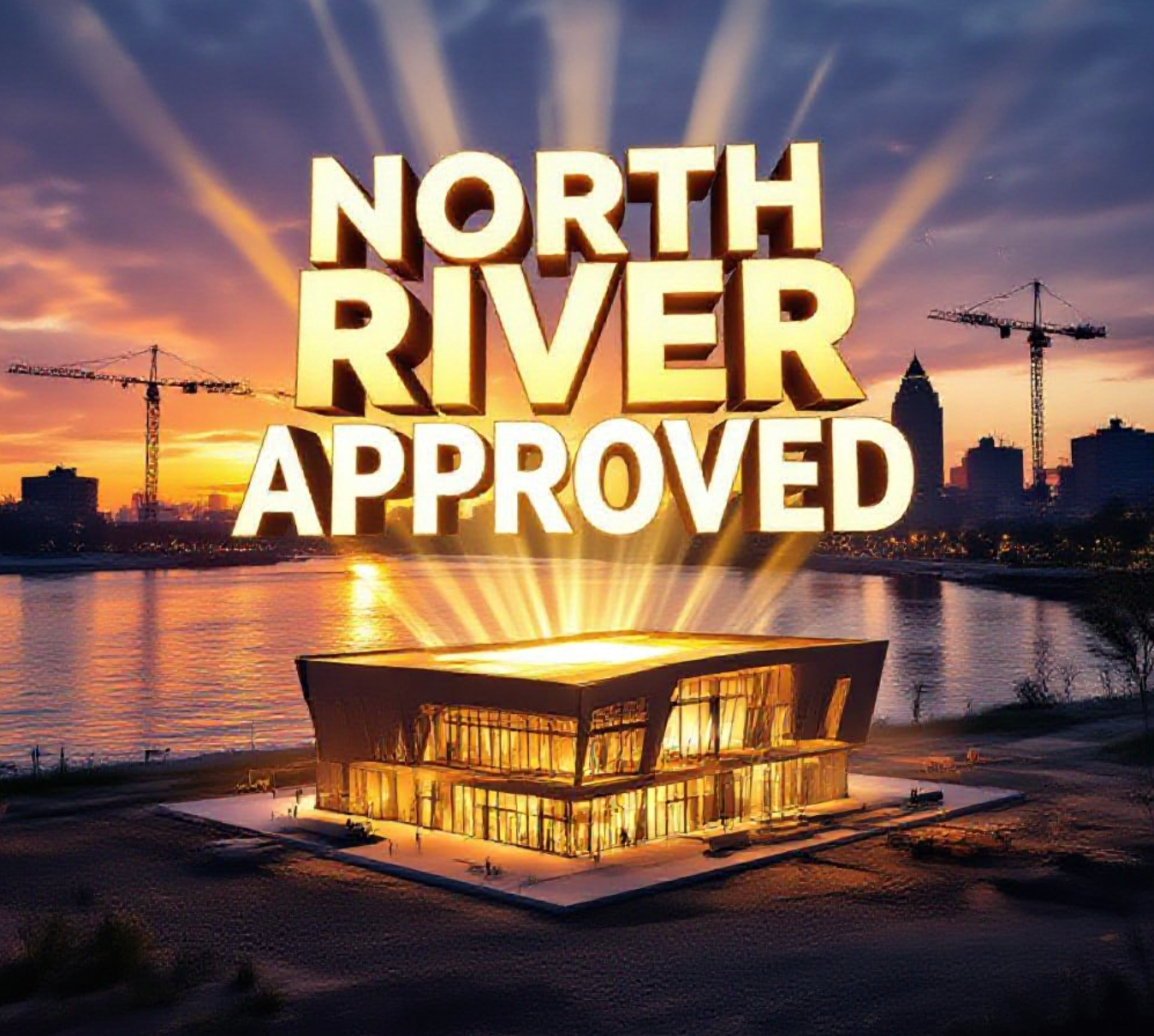 A viral, hyper-realistic YouTube thumbnail with a triumphant urban revival atmosphere. The background is the St. Marys River at dramatic sunset with Fort Wayne skyline in golden light and construction cranes silhouetted. The composition uses a powerful low-angle shot to focus on the main subject: a massive, glowing 3D architectural model of the North River Fieldhouse emerging from the ground with light beams shooting upward. Image size should be 3:2. The image features massive 3D typography with strict hierarchy: The Primary Text reads exactly: 'NORTH RIVER APPROVED'. This text is massive, the largest element in the frame, rendered in liquid gold chrome with electric blue glow edges to look like a high-budget 3D render. The Secondary Text reads exactly: '$36M IMPACT'. This text is significantly smaller, positioned below with a bold red sticker-style outline and slight explosion effect. The text materials correspond to the story's concept. Crucial Instruction: There is absolutely NO other text, numbers, watermarks, or subtitles in this image other than these two specific lines. 8k, Unreal Engine 5, cinematic render.