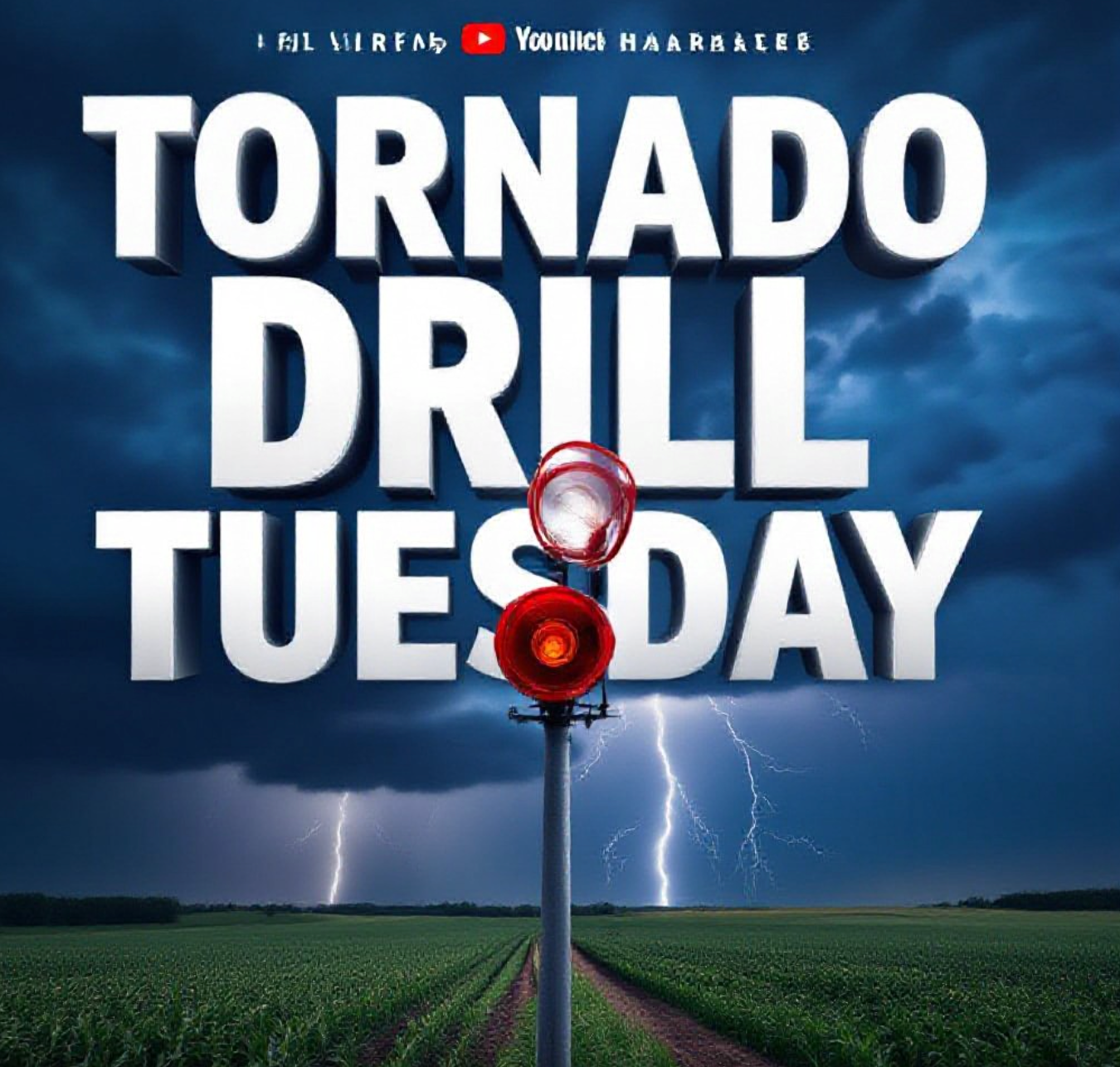 A viral, hyper-realistic YouTube thumbnail with a tense, stormy atmosphere. The background is a dark Indiana sky filled with towering cumulonimbus clouds and distant lightning over flat farmland. The composition uses a dramatic low-angle shot to focus on the main subject: a bright red tornado siren mounted on a pole, siren head tilted upward as if screaming. Image size should be 3:2. The image features massive 3D typography with strict hierarchy: The Primary Text reads exactly: 'TORNADO DRILL TUESDAY'. This text is massive, the largest element in the frame, rendered in glowing electric blue chrome with lightning cracks running through the letters. The Secondary Text reads exactly: 'REAL STORMS COMING'. This text is significantly smaller, positioned below the main text with a thick red danger-border outline in bold sticker style. The text materials correspond to the story's concept. Crucial Instruction: There is absolutely NO other text, numbers, watermarks, or subtitles in this image other than these two specific lines. 8k, Unreal Engine 5, cinematic render.