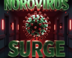 A viral, hyper-realistic YouTube thumbnail with a dramatic medical/red alert atmosphere. The background is a dark hospital corridor with emergency red lighting glowing from the sides. The composition uses a low-angle shot to focus on the main subject: a large, menacing 3D-rendered Norovirus particle floating in mid-air. Image size should be 3:2. The image features massive 3D typography with strict hierarchy: The Primary Text reads exactly: 'NOROVIRUS SURGE'. This text is massive, the largest element in the frame, rendered in toxic green chrome with glowing edges to look like a high-budget 3D render. The Secondary Text reads exactly: 'HITS AMERICA HARD'. This text is significantly smaller, positioned below the main text. It features a thick, blood-red border/outline (sticker style) to contrast against the background. Make sure text 2 is always different theme, style, effect and border compared to text 1. The text materials correspond to the story's concept. Crucial Instruction: There is absolutely NO other text, numbers, watermarks, or subtitles in this image other than these two specific lines. 8k, Unreal Engine 5, cinematic render.