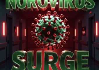 A viral, hyper-realistic YouTube thumbnail with a dramatic medical/red alert atmosphere. The background is a dark hospital corridor with emergency red lighting glowing from the sides. The composition uses a low-angle shot to focus on the main subject: a large, menacing 3D-rendered Norovirus particle floating in mid-air. Image size should be 3:2. The image features massive 3D typography with strict hierarchy: The Primary Text reads exactly: 'NOROVIRUS SURGE'. This text is massive, the largest element in the frame, rendered in toxic green chrome with glowing edges to look like a high-budget 3D render. The Secondary Text reads exactly: 'HITS AMERICA HARD'. This text is significantly smaller, positioned below the main text. It features a thick, blood-red border/outline (sticker style) to contrast against the background. Make sure text 2 is always different theme, style, effect and border compared to text 1. The text materials correspond to the story's concept. Crucial Instruction: There is absolutely NO other text, numbers, watermarks, or subtitles in this image other than these two specific lines. 8k, Unreal Engine 5, cinematic render.