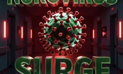 A viral, hyper-realistic YouTube thumbnail with a dramatic medical/red alert atmosphere. The background is a dark hospital corridor with emergency red lighting glowing from the sides. The composition uses a low-angle shot to focus on the main subject: a large, menacing 3D-rendered Norovirus particle floating in mid-air. Image size should be 3:2. The image features massive 3D typography with strict hierarchy: The Primary Text reads exactly: 'NOROVIRUS SURGE'. This text is massive, the largest element in the frame, rendered in toxic green chrome with glowing edges to look like a high-budget 3D render. The Secondary Text reads exactly: 'HITS AMERICA HARD'. This text is significantly smaller, positioned below the main text. It features a thick, blood-red border/outline (sticker style) to contrast against the background. Make sure text 2 is always different theme, style, effect and border compared to text 1. The text materials correspond to the story's concept. Crucial Instruction: There is absolutely NO other text, numbers, watermarks, or subtitles in this image other than these two specific lines. 8k, Unreal Engine 5, cinematic render.