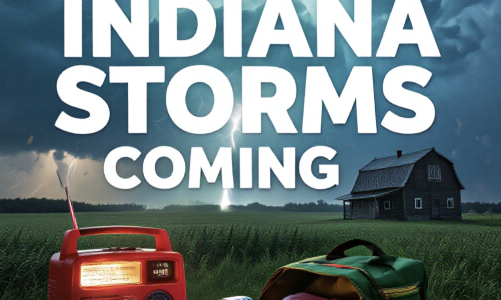 A viral, hyper-realistic YouTube thumbnail with a dramatic storm-chaser atmosphere. The background is a dark Indiana farmhouse landscape under a massive glowing green supercell thunderstorm with visible rotation and lightning strikes. The composition uses a low dramatic angle to focus on the main subject: a glowing red emergency weather radio sitting on a wooden kitchen table next to an open emergency go-bag spilling out water bottles, flashlight, and first-aid kit. Image size should be 3:2. The image features massive 3D typography with strict hierarchy: The Primary Text reads exactly: 'INDIANA STORMS COMING'. This text is massive, the largest element in the frame, rendered in electric blue chrome with glowing edges to look like a high-budget 3D render. The Secondary Text reads exactly: 'DHS: GET READY NOW'. This text is significantly smaller, positioned below the main text. It features a thick, glowing red border/outline (sticker style) to contrast against the background. Make sure text 2 is always different theme, style, effect and border compared to text 1.