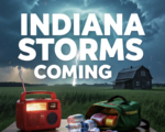 A viral, hyper-realistic YouTube thumbnail with a dramatic storm-chaser atmosphere. The background is a dark Indiana farmhouse landscape under a massive glowing green supercell thunderstorm with visible rotation and lightning strikes. The composition uses a low dramatic angle to focus on the main subject: a glowing red emergency weather radio sitting on a wooden kitchen table next to an open emergency go-bag spilling out water bottles, flashlight, and first-aid kit. Image size should be 3:2. The image features massive 3D typography with strict hierarchy: The Primary Text reads exactly: 'INDIANA STORMS COMING'. This text is massive, the largest element in the frame, rendered in electric blue chrome with glowing edges to look like a high-budget 3D render. The Secondary Text reads exactly: 'DHS: GET READY NOW'. This text is significantly smaller, positioned below the main text. It features a thick, glowing red border/outline (sticker style) to contrast against the background. Make sure text 2 is always different theme, style, effect and border compared to text 1.