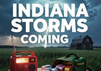 A viral, hyper-realistic YouTube thumbnail with a dramatic storm-chaser atmosphere. The background is a dark Indiana farmhouse landscape under a massive glowing green supercell thunderstorm with visible rotation and lightning strikes. The composition uses a low dramatic angle to focus on the main subject: a glowing red emergency weather radio sitting on a wooden kitchen table next to an open emergency go-bag spilling out water bottles, flashlight, and first-aid kit. Image size should be 3:2. The image features massive 3D typography with strict hierarchy: The Primary Text reads exactly: 'INDIANA STORMS COMING'. This text is massive, the largest element in the frame, rendered in electric blue chrome with glowing edges to look like a high-budget 3D render. The Secondary Text reads exactly: 'DHS: GET READY NOW'. This text is significantly smaller, positioned below the main text. It features a thick, glowing red border/outline (sticker style) to contrast against the background. Make sure text 2 is always different theme, style, effect and border compared to text 1.