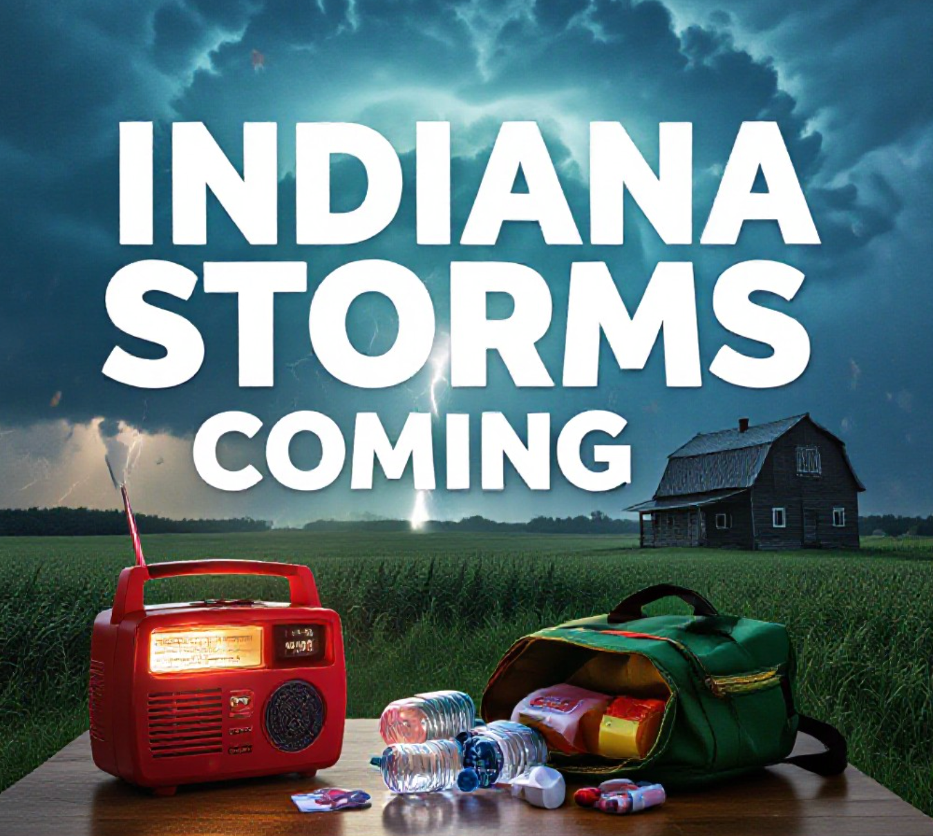 A viral, hyper-realistic YouTube thumbnail with a dramatic storm-chaser atmosphere. The background is a dark Indiana farmhouse landscape under a massive glowing green supercell thunderstorm with visible rotation and lightning strikes. The composition uses a low dramatic angle to focus on the main subject: a glowing red emergency weather radio sitting on a wooden kitchen table next to an open emergency go-bag spilling out water bottles, flashlight, and first-aid kit. Image size should be 3:2.
The image features massive 3D typography with strict hierarchy:
The Primary Text reads exactly: 'INDIANA STORMS COMING'. This text is massive, the largest element in the frame, rendered in electric blue chrome with glowing edges to look like a high-budget 3D render.
The Secondary Text reads exactly: 'DHS: GET READY NOW'. This text is significantly smaller, positioned below the main text. It features a thick, glowing red border/outline (sticker style) to contrast against the background. Make sure text 2 is always different theme, style, effect and border compared to text 1.