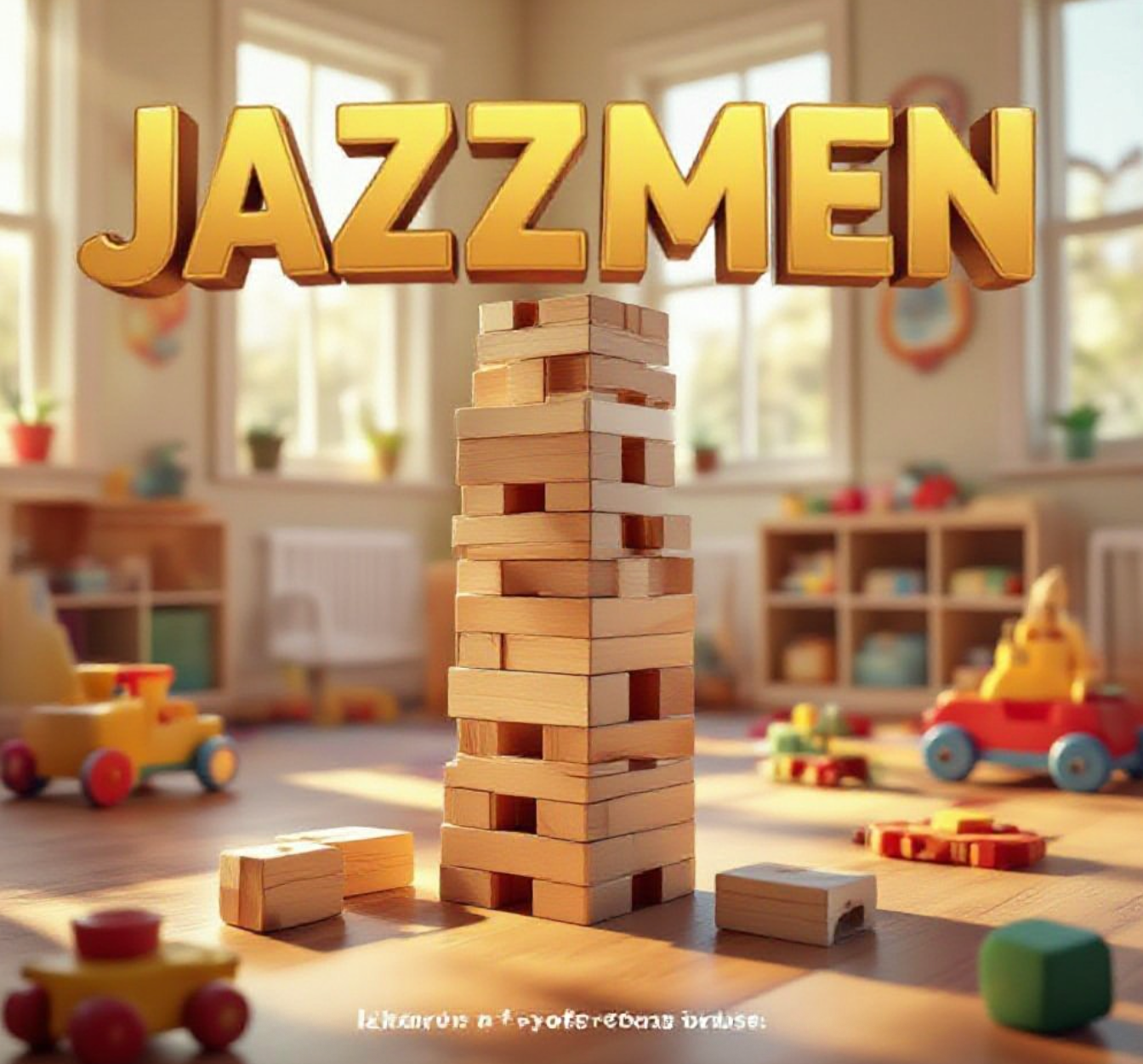 A viral, hyper-realistic YouTube thumbnail with a warm community atmosphere. The background is a cozy daycare room filled with colorful toys and sunlight streaming through windows with soft golden lighting. The composition uses a low angle to focus on the main subject: a detailed wooden building block tower symbolizing growth and stability. Image size should be 3:2. The image features massive 3D typography with strict hierarchy: The Primary Text reads exactly: 'Jazzmen Blanks'. This text is massive, the largest element in the frame, rendered in warm gold to look like a high-budget 3D render. The Secondary Text reads exactly: 'Beats Funding Cuts'. This text is significantly smaller, positioned below or next to the main text. It features a thick, distinct color border/outline (sticker style) to contrast against the background. Make sure text 2 is always different theme, style, effect and border compared to text 1. The text materials correspond to the story's concept. Crucial Instruction: There is absolutely NO other text, numbers, watermarks, or subtitles in this image other than these two specific lines. 8k, Unreal Engine 5, cinematic render.