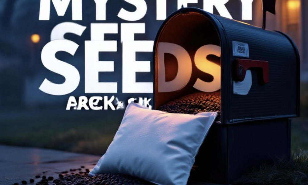 A viral, hyper-realistic YouTube thumbnail with a dark, suspenseful crime-mystery atmosphere. The background is a moody suburban mailbox at dusk with warm porch lights glowing and a faint fog rolling in. The composition uses a dramatic low-angle shot to focus on the main subject: a small, innocent-looking white padded mailer pouch spilling dark seeds onto wet concrete. Image size should be 3:2. The image features massive 3D typography with strict hierarchy: The Primary Text reads exactly: 'MYSTERY SEEDS ARE BACK'. This text is massive, the largest element in the frame, rendered in dripping blood-red chrome to look like a high-budget 3D render. The Secondary Text reads exactly: 'DO NOT PLANT THEM'. This text is significantly smaller, positioned below the main text. It features a thick, glowing white border/outline (sticker style) to contrast against the background. Make sure text 2 is always different theme, style, effect and border compared to text 1.