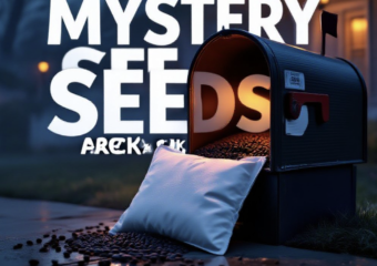 A viral, hyper-realistic YouTube thumbnail with a dark, suspenseful crime-mystery atmosphere. The background is a moody suburban mailbox at dusk with warm porch lights glowing and a faint fog rolling in. The composition uses a dramatic low-angle shot to focus on the main subject: a small, innocent-looking white padded mailer pouch spilling dark seeds onto wet concrete. Image size should be 3:2. The image features massive 3D typography with strict hierarchy: The Primary Text reads exactly: 'MYSTERY SEEDS ARE BACK'. This text is massive, the largest element in the frame, rendered in dripping blood-red chrome to look like a high-budget 3D render. The Secondary Text reads exactly: 'DO NOT PLANT THEM'. This text is significantly smaller, positioned below the main text. It features a thick, glowing white border/outline (sticker style) to contrast against the background. Make sure text 2 is always different theme, style, effect and border compared to text 1.