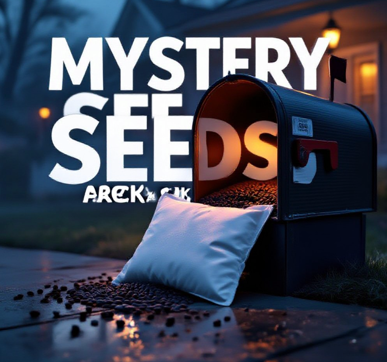 A viral, hyper-realistic YouTube thumbnail with a dark, suspenseful crime-mystery atmosphere. The background is a moody suburban mailbox at dusk with warm porch lights glowing and a faint fog rolling in. The composition uses a dramatic low-angle shot to focus on the main subject: a small, innocent-looking white padded mailer pouch spilling dark seeds onto wet concrete. Image size should be 3:2.
The image features massive 3D typography with strict hierarchy:
The Primary Text reads exactly: 'MYSTERY SEEDS ARE BACK'. This text is massive, the largest element in the frame, rendered in dripping blood-red chrome to look like a high-budget 3D render.
The Secondary Text reads exactly: 'DO NOT PLANT THEM'. This text is significantly smaller, positioned below the main text. It features a thick, glowing white border/outline (sticker style) to contrast against the background. Make sure text 2 is always different theme, style, effect and border compared to text 1.