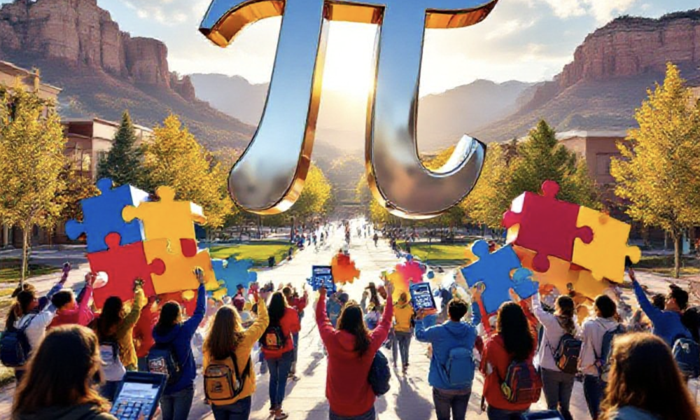 A viral, hyper-realistic YouTube thumbnail with a vibrant, youthful academic atmosphere. The background is a sunlit Colorado Mesa University campus quad filled with laughing high school students wearing school hoodies, holding giant colorful puzzle pieces and calculators, with the red rock mountains of Grand Junction in the distance and golden afternoon light streaming through. The composition uses a dynamic low-to-high angle to focus on the main subject: a massive, gleaming chrome 3D pi symbol floating above the crowd like a trophy. Image size should be 3:2. The image features massive 3D typography with strict hierarchy: The Primary Text reads exactly: 'MATH EXTRAVAGANZA'. This text is massive, the largest element in the frame, rendered in electric blue chrome with glowing edges to look like a high-budget 3D render. The Secondary Text reads exactly: '200+ TEENS GO WILD'. This text is significantly smaller, positioned below the main text. It features a thick, neon yellow sticker-style outline with slight vibration effect to contrast against the background. Make sure text 2 is always different theme, style, effect and border compared to text 1.