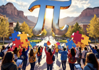 A viral, hyper-realistic YouTube thumbnail with a vibrant, youthful academic atmosphere. The background is a sunlit Colorado Mesa University campus quad filled with laughing high school students wearing school hoodies, holding giant colorful puzzle pieces and calculators, with the red rock mountains of Grand Junction in the distance and golden afternoon light streaming through. The composition uses a dynamic low-to-high angle to focus on the main subject: a massive, gleaming chrome 3D pi symbol floating above the crowd like a trophy. Image size should be 3:2. The image features massive 3D typography with strict hierarchy: The Primary Text reads exactly: 'MATH EXTRAVAGANZA'. This text is massive, the largest element in the frame, rendered in electric blue chrome with glowing edges to look like a high-budget 3D render. The Secondary Text reads exactly: '200+ TEENS GO WILD'. This text is significantly smaller, positioned below the main text. It features a thick, neon yellow sticker-style outline with slight vibration effect to contrast against the background. Make sure text 2 is always different theme, style, effect and border compared to text 1.