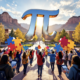 A viral, hyper-realistic YouTube thumbnail with a vibrant, youthful academic atmosphere. The background is a sunlit Colorado Mesa University campus quad filled with laughing high school students wearing school hoodies, holding giant colorful puzzle pieces and calculators, with the red rock mountains of Grand Junction in the distance and golden afternoon light streaming through. The composition uses a dynamic low-to-high angle to focus on the main subject: a massive, gleaming chrome 3D pi symbol floating above the crowd like a trophy. Image size should be 3:2. The image features massive 3D typography with strict hierarchy: The Primary Text reads exactly: 'MATH EXTRAVAGANZA'. This text is massive, the largest element in the frame, rendered in electric blue chrome with glowing edges to look like a high-budget 3D render. The Secondary Text reads exactly: '200+ TEENS GO WILD'. This text is significantly smaller, positioned below the main text. It features a thick, neon yellow sticker-style outline with slight vibration effect to contrast against the background. Make sure text 2 is always different theme, style, effect and border compared to text 1.