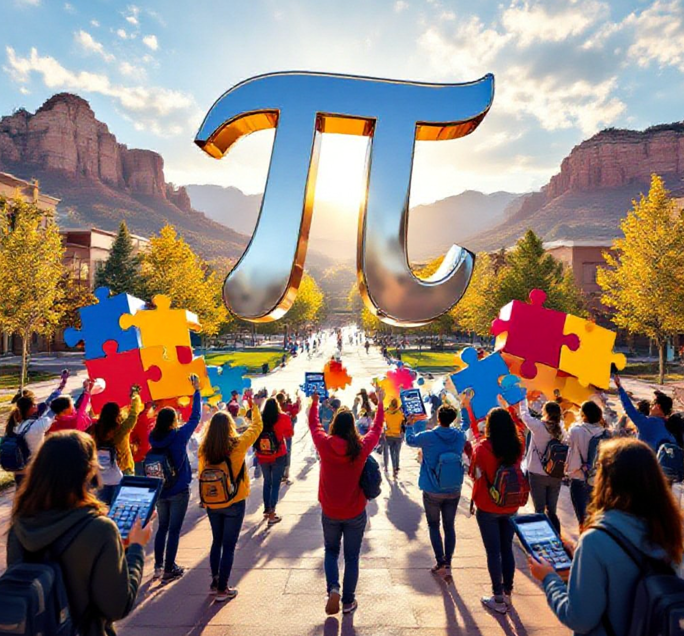 A viral, hyper-realistic YouTube thumbnail with a vibrant, youthful academic atmosphere. The background is a sunlit Colorado Mesa University campus quad filled with laughing high school students wearing school hoodies, holding giant colorful puzzle pieces and calculators, with the red rock mountains of Grand Junction in the distance and golden afternoon light streaming through. The composition uses a dynamic low-to-high angle to focus on the main subject: a massive, gleaming chrome 3D pi symbol floating above the crowd like a trophy. Image size should be 3:2.
The image features massive 3D typography with strict hierarchy:
The Primary Text reads exactly: 'MATH EXTRAVAGANZA'. This text is massive, the largest element in the frame, rendered in electric blue chrome with glowing edges to look like a high-budget 3D render.
The Secondary Text reads exactly: '200+ TEENS GO WILD'. This text is significantly smaller, positioned below the main text. It features a thick, neon yellow sticker-style outline with slight vibration effect to contrast against the background. Make sure text 2 is always different theme, style, effect and border compared to text 1.