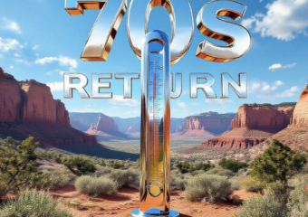 A viral, hyper-realistic YouTube thumbnail with a bright sunny spring vibe atmosphere. The background is a sweeping panoramic view of the Colorado National Monument with red rock canyons glowing under crystal-clear blue sky and fresh green sagebrush in the foreground. The composition uses a dramatic low-angle shot looking up toward the monument to focus on the main subject: a large, polished chrome thermometer rising from the desert floor showing the mercury climbing fast. Image size should be 3:2. The image features massive 3D typography with strict hierarchy: The Primary Text reads exactly: '70s RETURN'. This text is massive, the largest element in the frame, rendered in molten liquid gold with real-time heat distortion effect to look like a high-budget 3D render. The Secondary Text reads exactly: 'Cool Wednesday Only'. This text is significantly smaller, positioned below the main text. It features a thick icy-blue glowing border with frost particles to contrast against the warm background. Make sure text 2 is always different theme, style, effect and border compared to text 1. The text materials correspond to the story's concept. Crucial Instruction: There is absolutely NO other text, numbers, watermarks, or subtitles in this image other than these two specific lines. 8k, Unreal Engine 5, cinematic render.