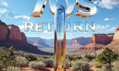 A viral, hyper-realistic YouTube thumbnail with a bright sunny spring vibe atmosphere. The background is a sweeping panoramic view of the Colorado National Monument with red rock canyons glowing under crystal-clear blue sky and fresh green sagebrush in the foreground. The composition uses a dramatic low-angle shot looking up toward the monument to focus on the main subject: a large, polished chrome thermometer rising from the desert floor showing the mercury climbing fast. Image size should be 3:2. The image features massive 3D typography with strict hierarchy: The Primary Text reads exactly: '70s RETURN'. This text is massive, the largest element in the frame, rendered in molten liquid gold with real-time heat distortion effect to look like a high-budget 3D render. The Secondary Text reads exactly: 'Cool Wednesday Only'. This text is significantly smaller, positioned below the main text. It features a thick icy-blue glowing border with frost particles to contrast against the warm background. Make sure text 2 is always different theme, style, effect and border compared to text 1. The text materials correspond to the story's concept. Crucial Instruction: There is absolutely NO other text, numbers, watermarks, or subtitles in this image other than these two specific lines. 8k, Unreal Engine 5, cinematic render.