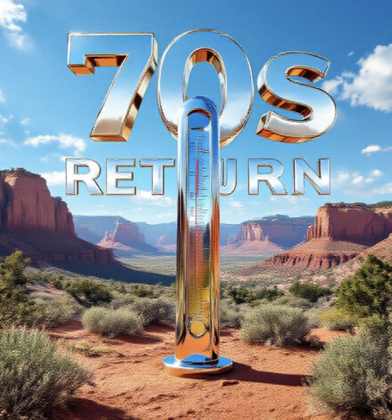 A viral, hyper-realistic YouTube thumbnail with a bright sunny spring vibe atmosphere. The background is a sweeping panoramic view of the Colorado National Monument with red rock canyons glowing under crystal-clear blue sky and fresh green sagebrush in the foreground. The composition uses a dramatic low-angle shot looking up toward the monument to focus on the main subject: a large, polished chrome thermometer rising from the desert floor showing the mercury climbing fast. Image size should be 3:2. The image features massive 3D typography with strict hierarchy: The Primary Text reads exactly: '70s RETURN'. This text is massive, the largest element in the frame, rendered in molten liquid gold with real-time heat distortion effect to look like a high-budget 3D render. The Secondary Text reads exactly: 'Cool Wednesday Only'. This text is significantly smaller, positioned below the main text. It features a thick icy-blue glowing border with frost particles to contrast against the warm background. Make sure text 2 is always different theme, style, effect and border compared to text 1. The text materials correspond to the story's concept. Crucial Instruction: There is absolutely NO other text, numbers, watermarks, or subtitles in this image other than these two specific lines. 8k, Unreal Engine 5, cinematic render.