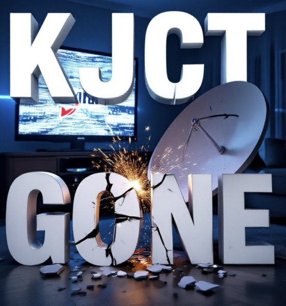 A viral, hyper-realistic YouTube thumbnail with a dramatic tech-crisis atmosphere. The background is a dark living room at night with a large flat-screen TV displaying only static and the DISH logo, blue emergency lighting cutting through the darkness. The composition uses a low-angle shot to focus on the main subject: a broken satellite dish cracked in half with sparks flying. Image size should be 3:2. The image features massive 3D typography with strict hierarchy: The Primary Text reads exactly: 'KJCT GONE'. This text is massive, the largest element in the frame, rendered in shattered chrome with red glowing cracks to look like a high-budget 3D render. The Secondary Text reads exactly: 'DISH BLACKOUT'. This text is significantly smaller, positioned below the main text. It features a thick, electric blue border/outline (sticker style) to contrast against the background. Make sure text 2 is always different theme, style, effect and border compared to text 1. The text materials correspond to the story's concept. Crucial Instruction: There is absolutely NO other text, numbers, watermarks, or subtitles in this image other than these two specific lines. 8k, Unreal Engine 5, cinematic render