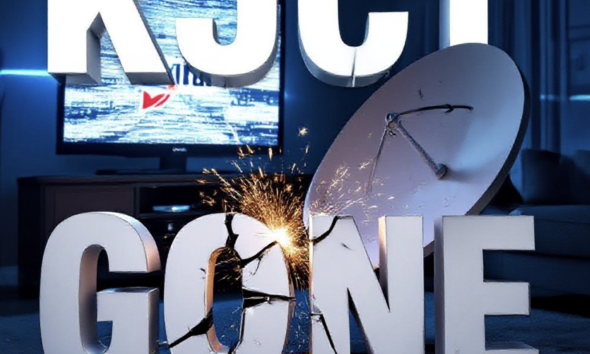A viral, hyper-realistic YouTube thumbnail with a dramatic tech-crisis atmosphere. The background is a dark living room at night with a large flat-screen TV displaying only static and the DISH logo, blue emergency lighting cutting through the darkness. The composition uses a low-angle shot to focus on the main subject: a broken satellite dish cracked in half with sparks flying. Image size should be 3:2. The image features massive 3D typography with strict hierarchy: The Primary Text reads exactly: 'KJCT GONE'. This text is massive, the largest element in the frame, rendered in shattered chrome with red glowing cracks to look like a high-budget 3D render. The Secondary Text reads exactly: 'DISH BLACKOUT'. This text is significantly smaller, positioned below the main text. It features a thick, electric blue border/outline (sticker style) to contrast against the background. Make sure text 2 is always different theme, style, effect and border compared to text 1. The text materials correspond to the story's concept. Crucial Instruction: There is absolutely NO other text, numbers, watermarks, or subtitles in this image other than these two specific lines. 8k, Unreal Engine 5, cinematic render