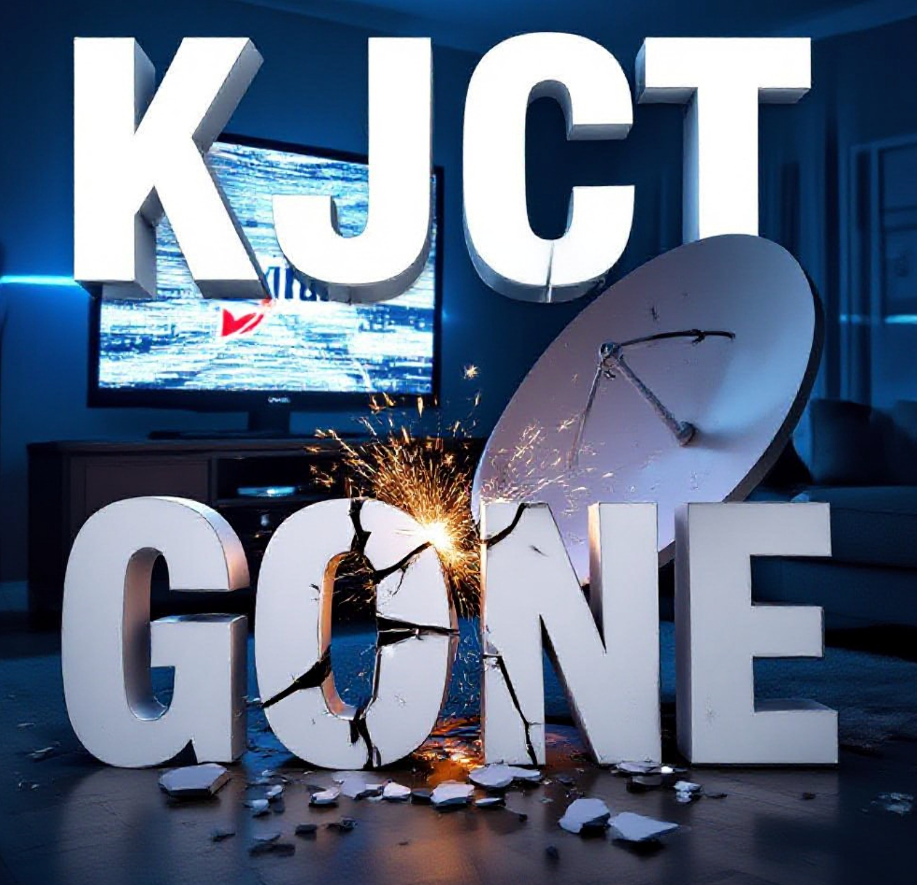 A viral, hyper-realistic YouTube thumbnail with a dramatic tech-crisis atmosphere. The background is a dark living room at night with a large flat-screen TV displaying only static and the DISH logo, blue emergency lighting cutting through the darkness. The composition uses a low-angle shot to focus on the main subject: a broken satellite dish cracked in half with sparks flying. Image size should be 3:2. The image features massive 3D typography with strict hierarchy: The Primary Text reads exactly: 'KJCT GONE'. This text is massive, the largest element in the frame, rendered in shattered chrome with red glowing cracks to look like a high-budget 3D render. The Secondary Text reads exactly: 'DISH BLACKOUT'. This text is significantly smaller, positioned below the main text. It features a thick, electric blue border/outline (sticker style) to contrast against the background. Make sure text 2 is always different theme, style, effect and border compared to text 1. The text materials correspond to the story's concept. Crucial Instruction: There is absolutely NO other text, numbers, watermarks, or subtitles in this image other than these two specific lines. 8k, Unreal Engine 5, cinematic render