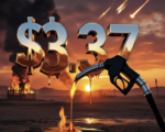 A viral, hyper-realistic YouTube thumbnail with a dramatic war-torn desert atmosphere. The background is a burning oil field at dusk with black smoke billowing into an orange sky and distant missile trails. The composition uses a low-angle cinematic shot to focus on the main subject: a close-up gas pump nozzle dripping fuel with flames reflecting in the chrome. Image size should be 3:2. The image features massive 3D typography with strict hierarchy: The Primary Text reads exactly: '$3.37'. This text is massive, the largest element in the frame, rendered in molten liquid metal with glowing embers and dripping effect to look like a high-budget 3D render. The Secondary Text reads exactly: 'Mesa County Surge'. This text is significantly smaller, positioned below the main text. It features a thick, neon-red glowing border/outline (sticker style) to contrast against the background. Make sure text 2 is always different theme, style, effect and border compared to text 1. The text materials correspond to the story's concept. Crucial Instruction: There is absolutely NO other text, numbers, watermarks, or subtitles in this image other than these two specific lines. 8k, Unreal Engine 5, cinematic render