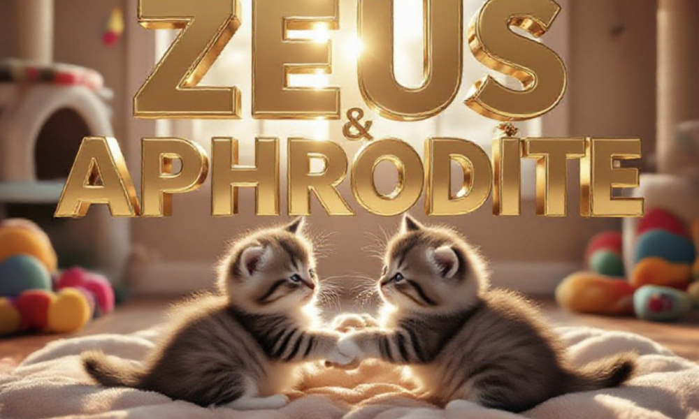 A viral, hyper-realistic YouTube thumbnail with a warm, cozy shelter atmosphere. The background is a soft sunlit cat room filled with colorful toys and scratching posts with golden hour lighting streaming through windows. The composition uses a low angle to focus on the main subject: two tiny fluffy kittens playfully wrestling on a plush blanket. Image size should be 3:2. The image features massive 3D typography with strict hierarchy: The Primary Text reads exactly: 'ZEUS & APHRODITE'. This text is massive, the largest element in the frame, rendered in sparkling gold chrome to look like a high-budget 3D render. The Secondary Text reads exactly: 'Need Home Together'. This text is significantly smaller, positioned below the main text. It features a thick, bright pink sticker-style outline to contrast against the background. Make sure text 2 is always different theme, style, effect and border compared to text 1